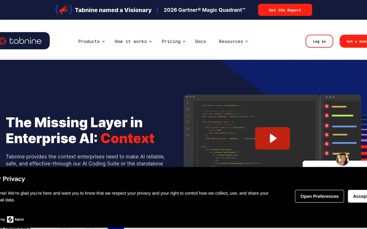 Homepage preview of Tabnine, captured Jul 21, 2026