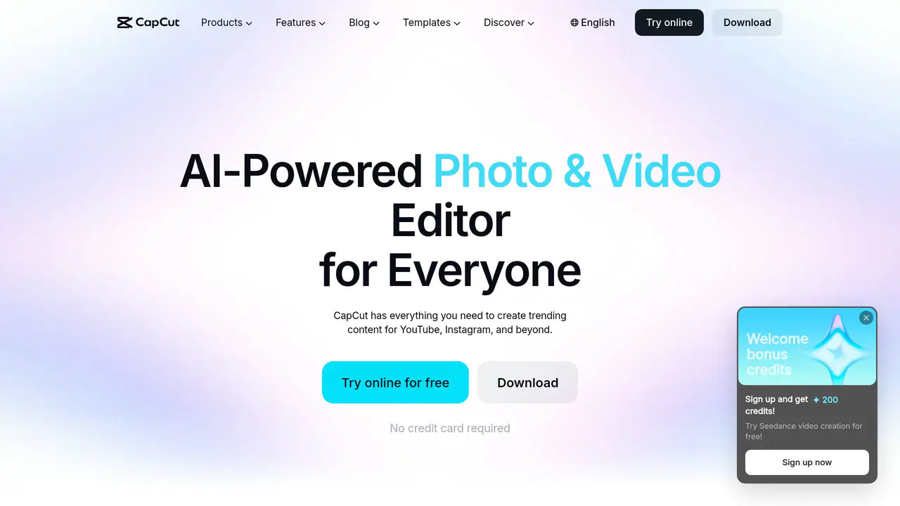 Homepage preview of CapCut, captured Aug 4, 2026