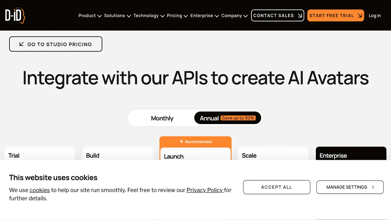 Pricing-page preview of D-ID, captured Aug 16, 2026