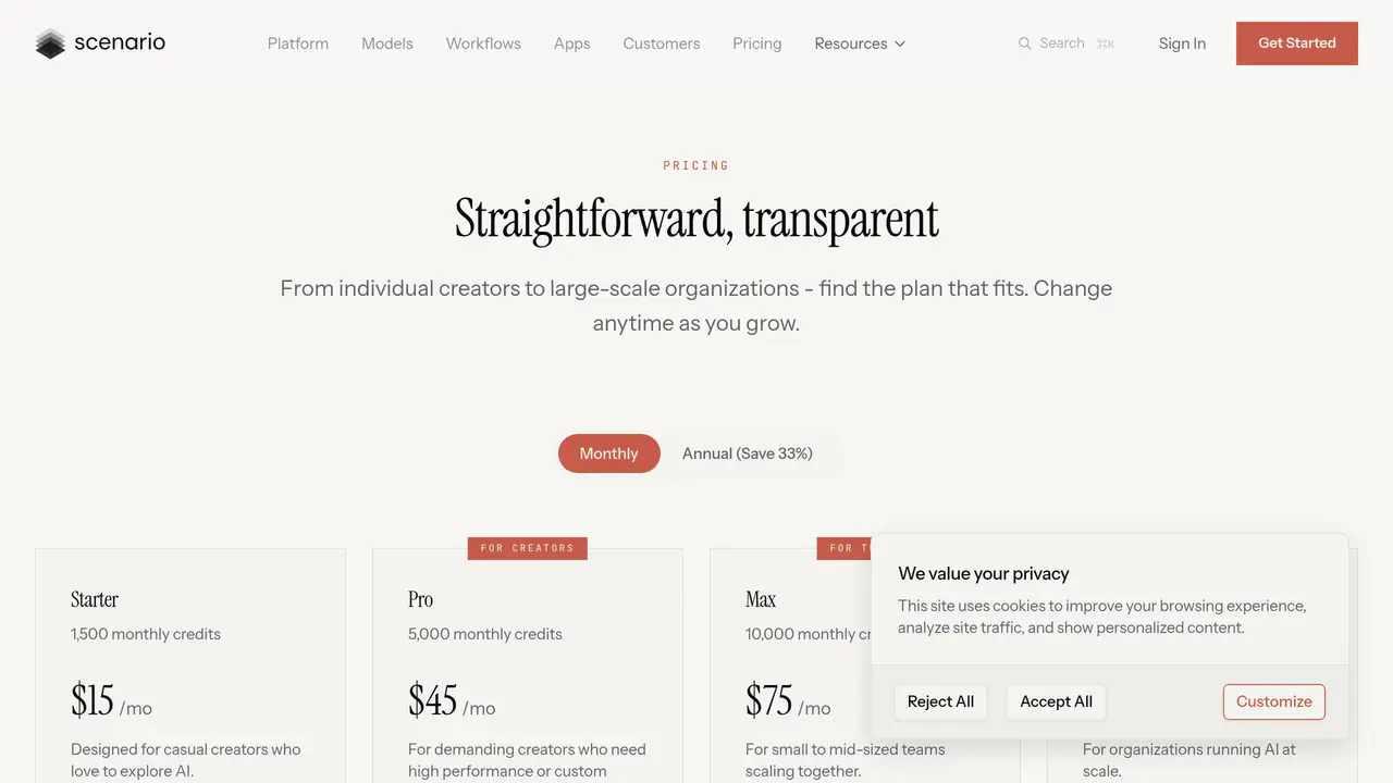 Pricing-page preview of Scenario, captured Jul 23, 2026