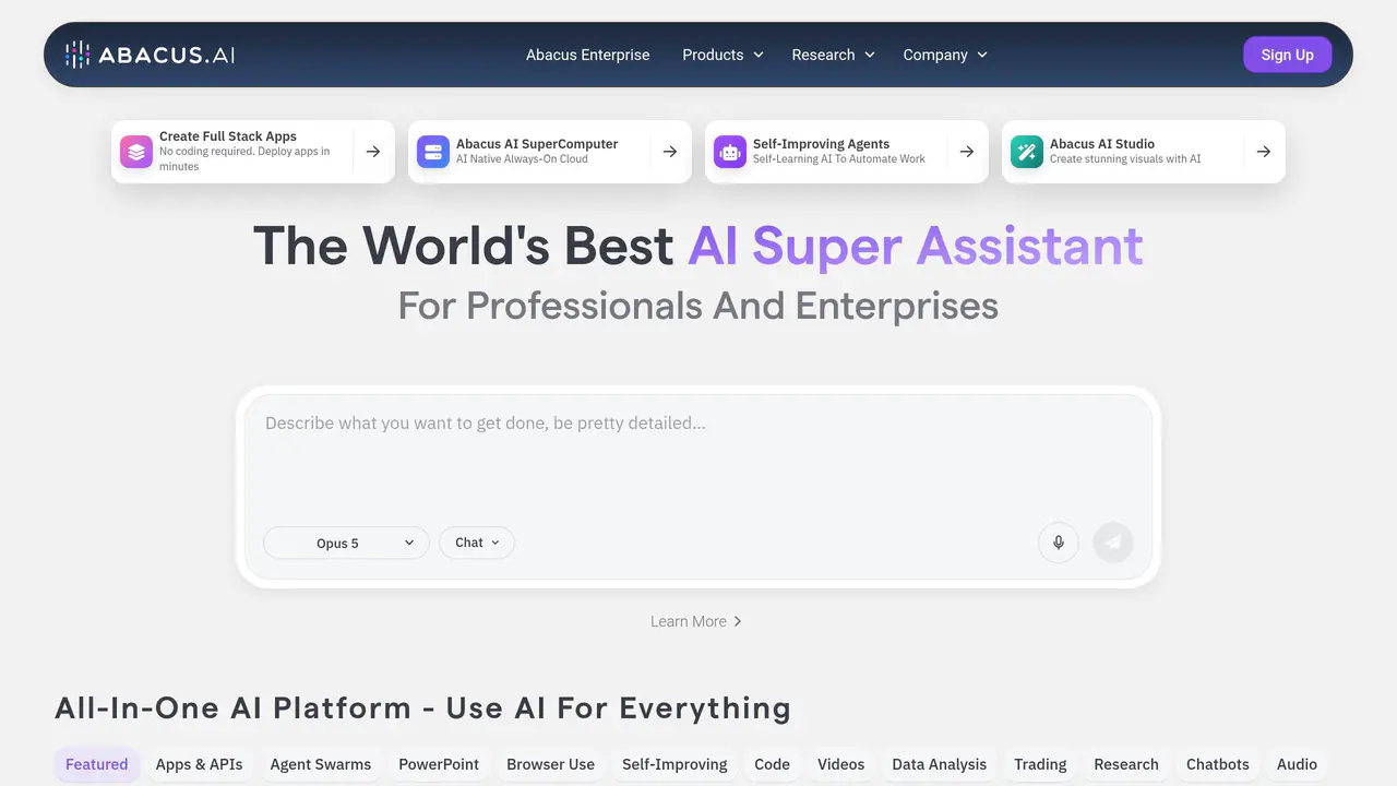 Homepage preview of Abacus.AI, captured Aug 15, 2026
