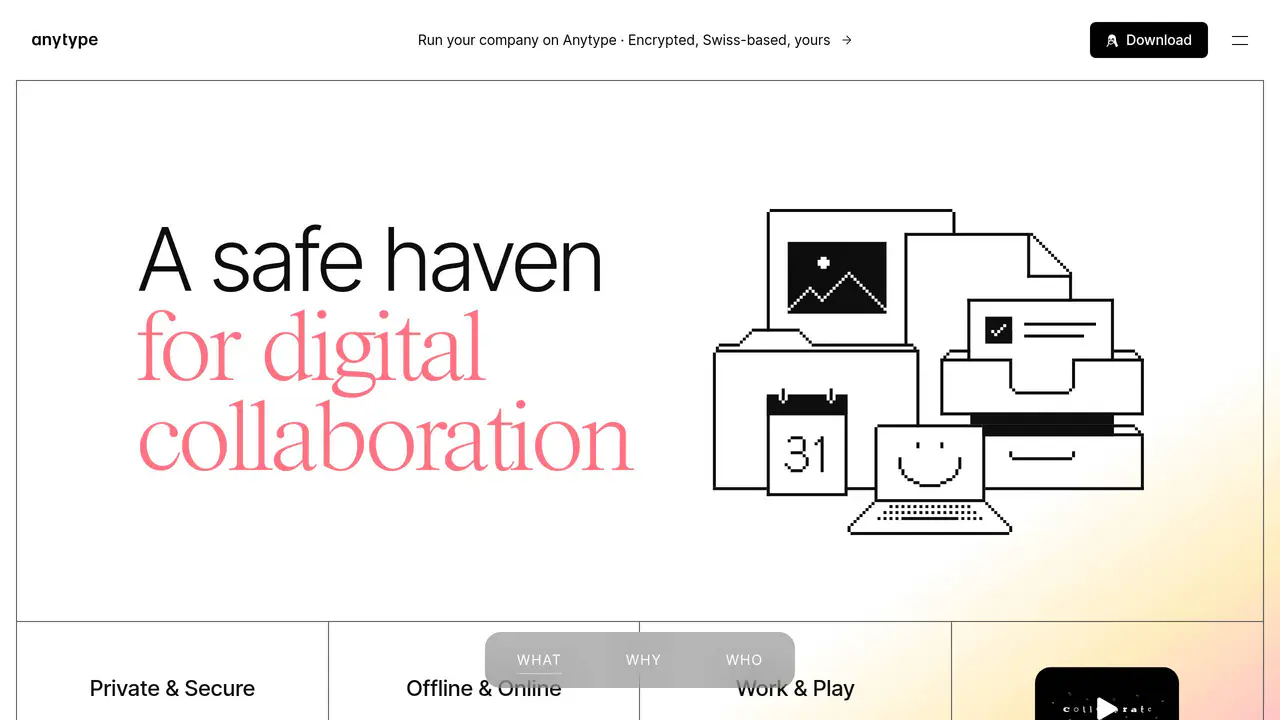 Homepage preview of Anytype, captured Jul 30, 2026