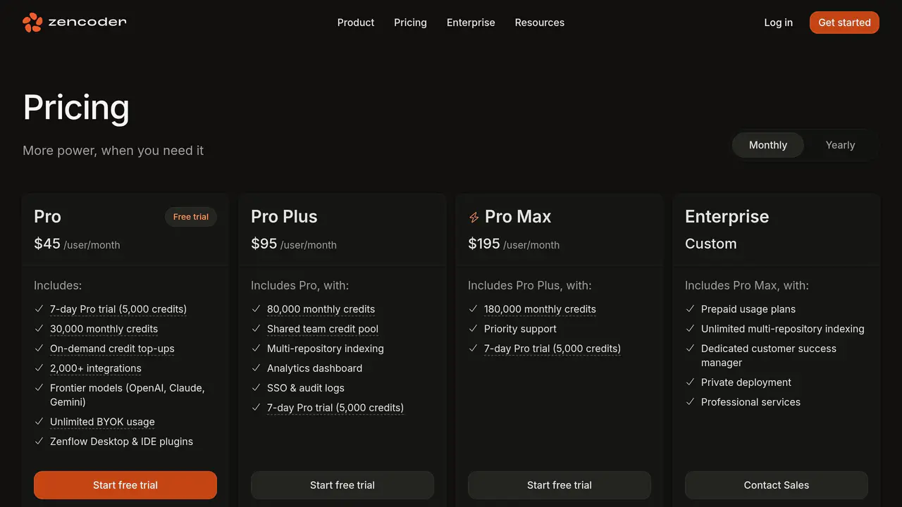 Pricing-page preview of Zencoder, captured Jul 23, 2026