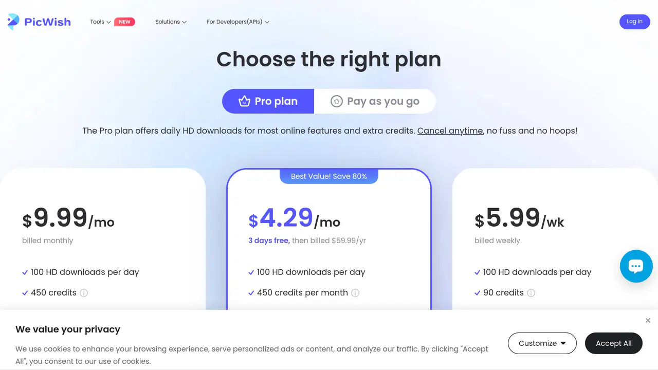 Pricing-page preview of PicWish, captured Jul 23, 2026