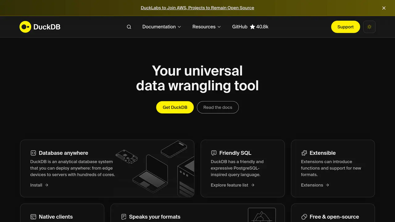 Homepage preview of DuckDB, captured Aug 30, 2026
