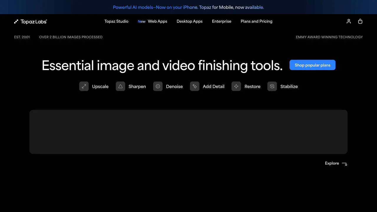 Homepage preview of Topaz Video AI, captured Aug 3, 2026
