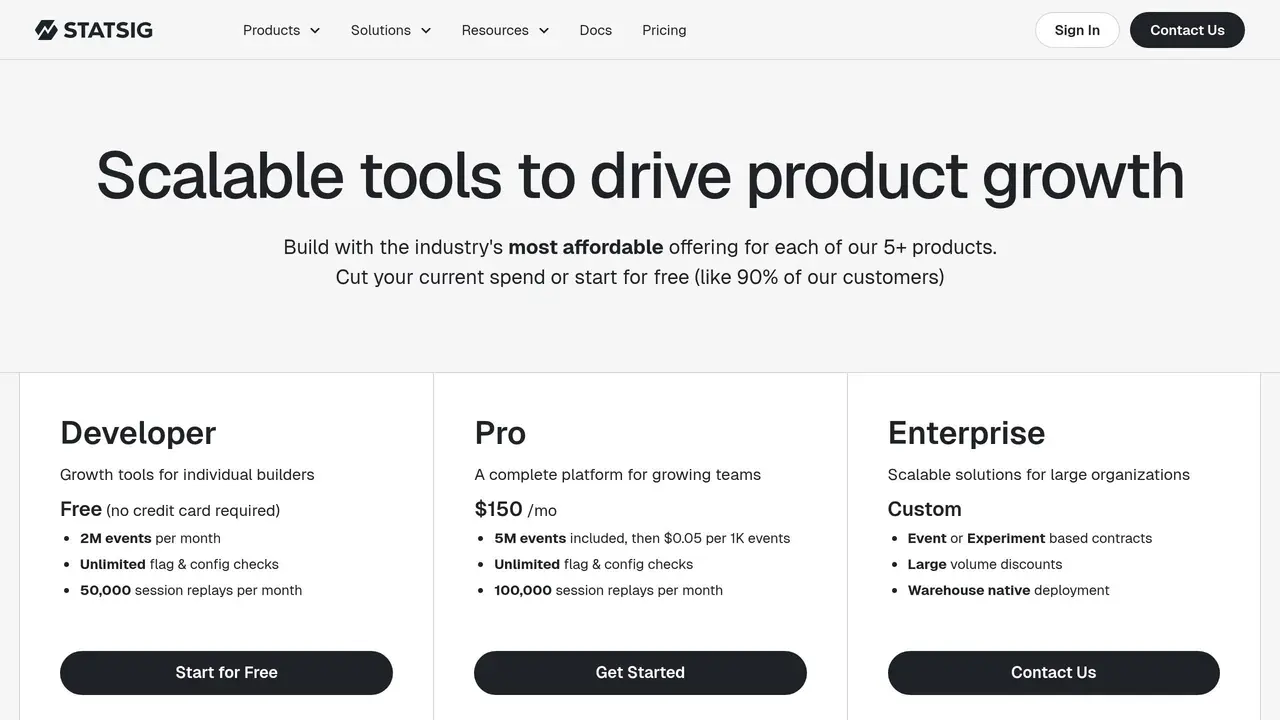 Pricing-page preview of Statsig, captured Aug 16, 2026