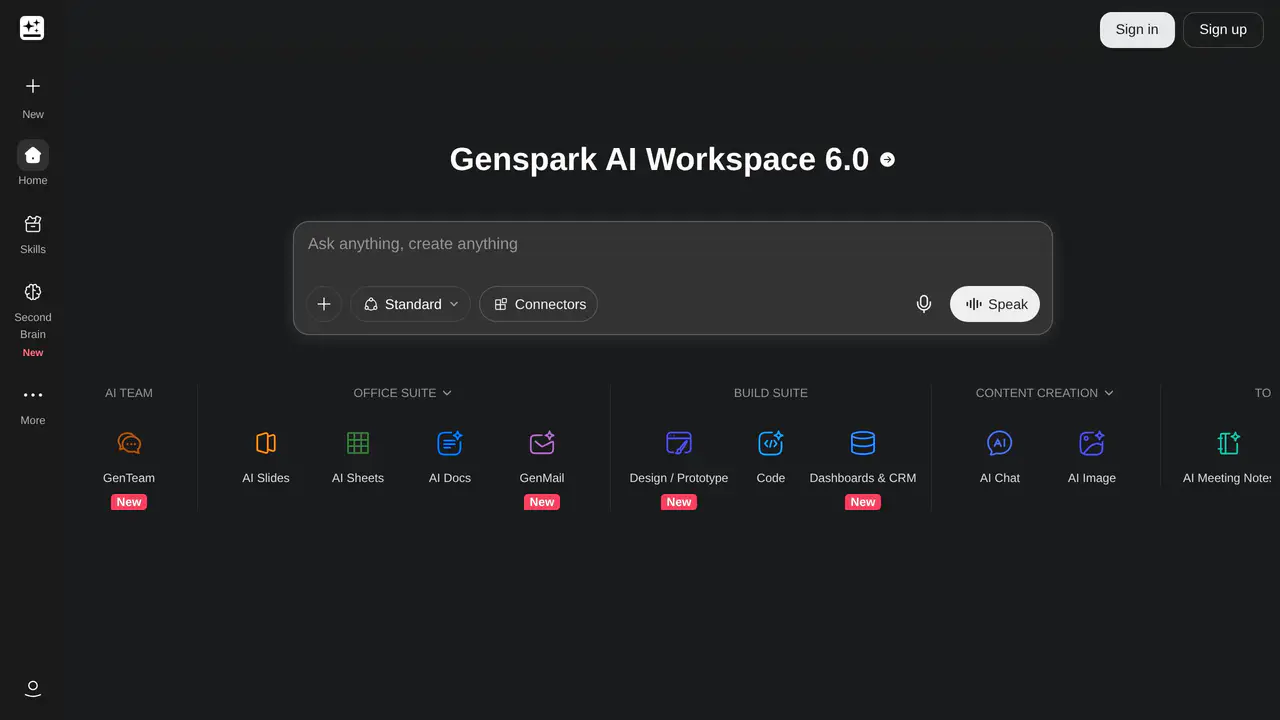 Homepage preview of Genspark, captured Aug 7, 2026