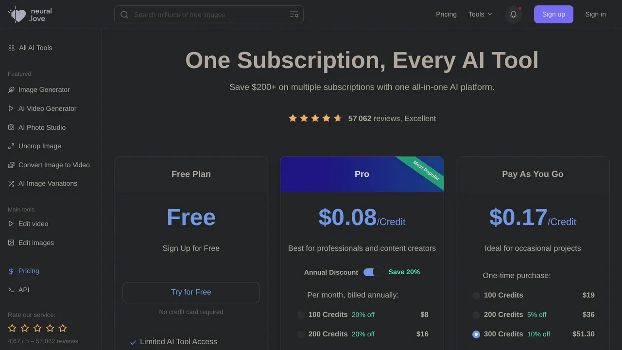 Pricing-page preview of Neural.love, captured Jul 23, 2026