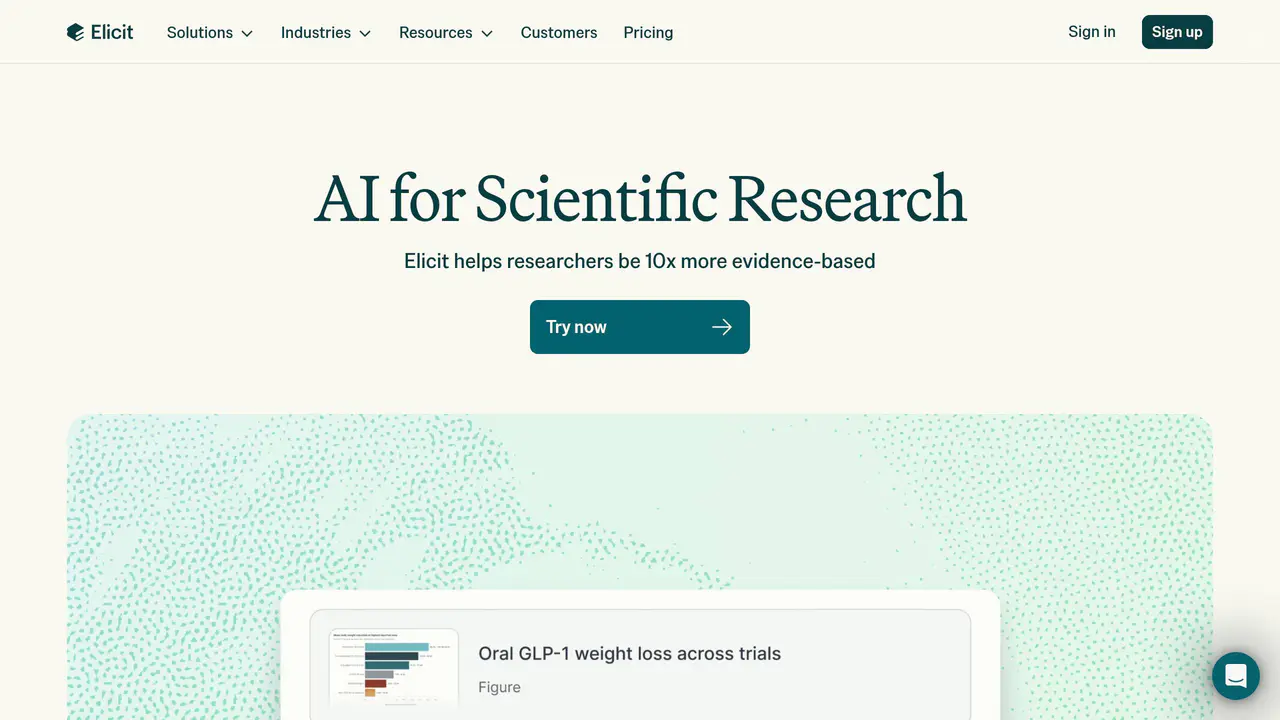 Homepage preview of Elicit, captured Aug 6, 2026