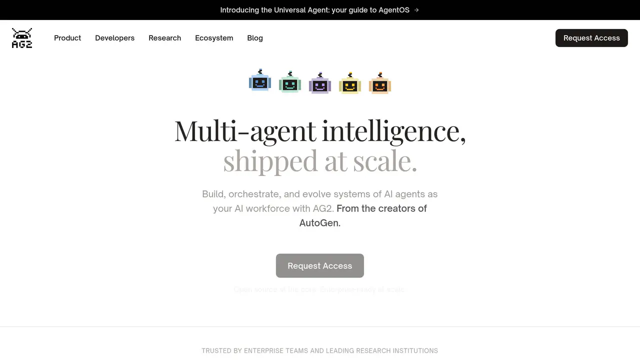 Homepage preview of AG2, captured Aug 14, 2026