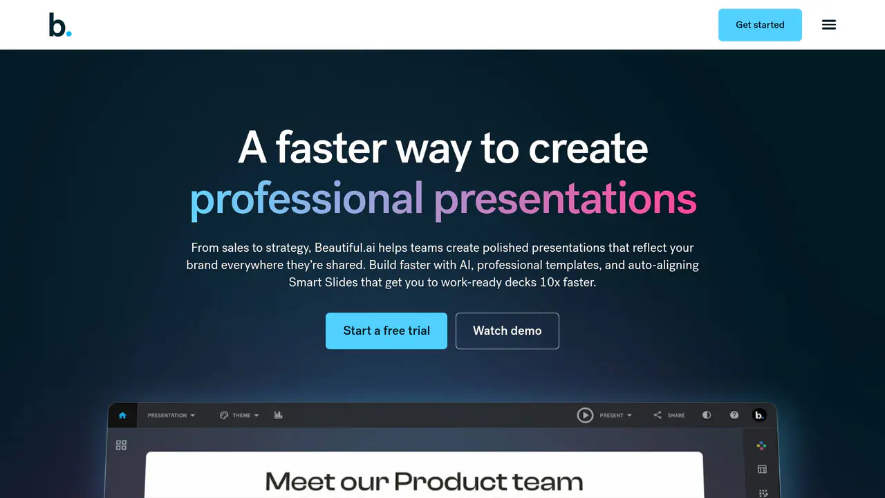 Homepage preview of Beautiful.ai, captured Aug 19, 2026