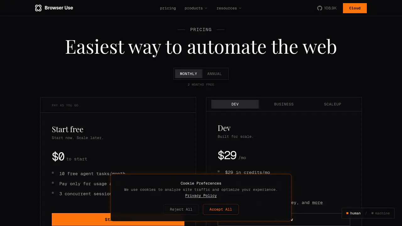 Pricing-page preview of Browser Use, captured Aug 12, 2026