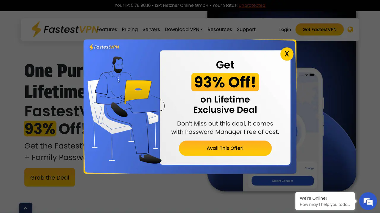 Homepage preview of FastestVPN, captured Jul 26, 2026