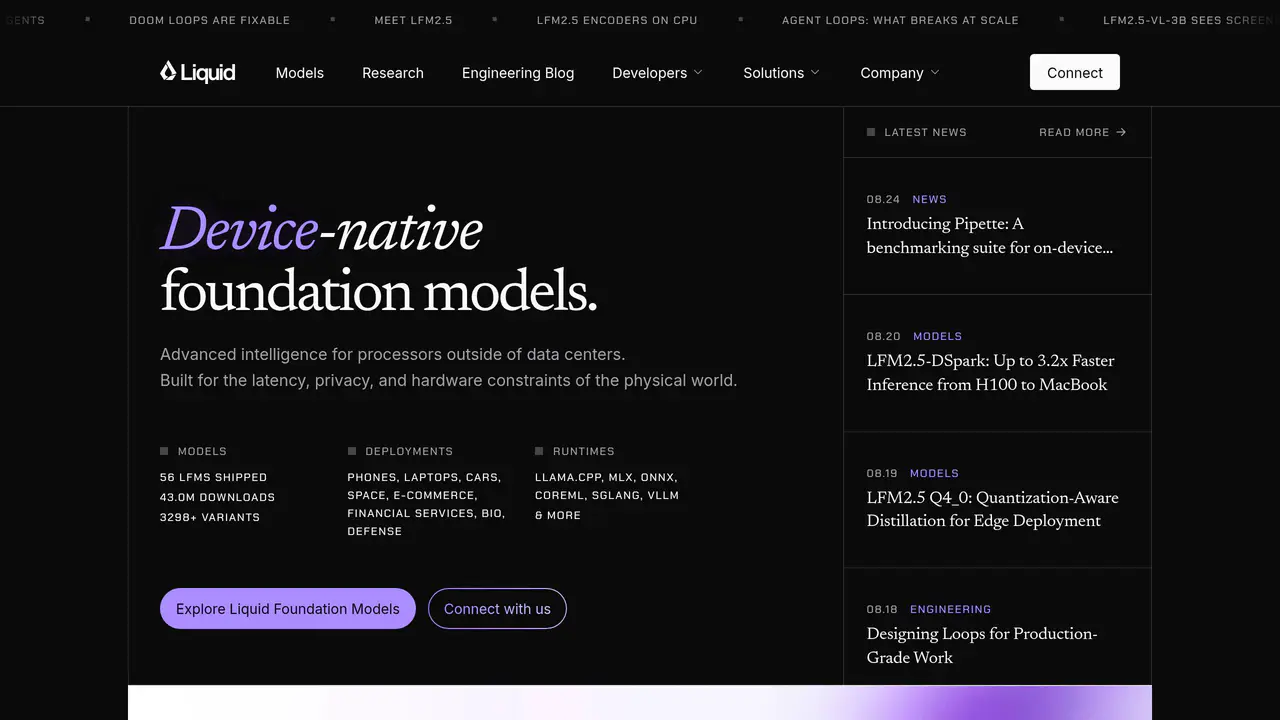 Homepage preview of Liquid AI, captured Aug 31, 2026