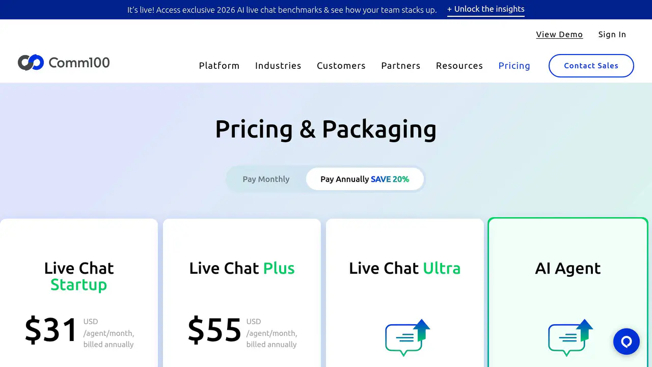 Pricing-page preview of Comm100, captured Jul 23, 2026
