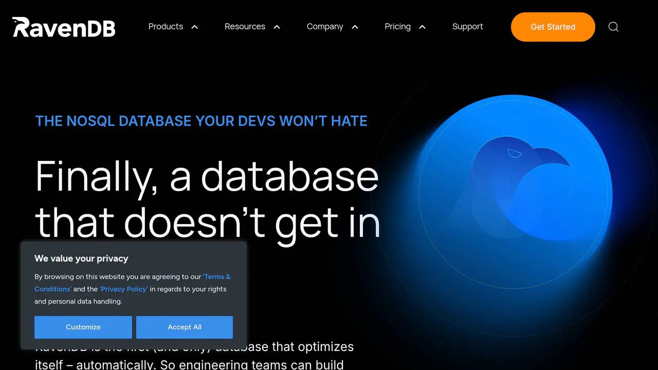 Homepage preview of RavenDB, captured Jul 26, 2026