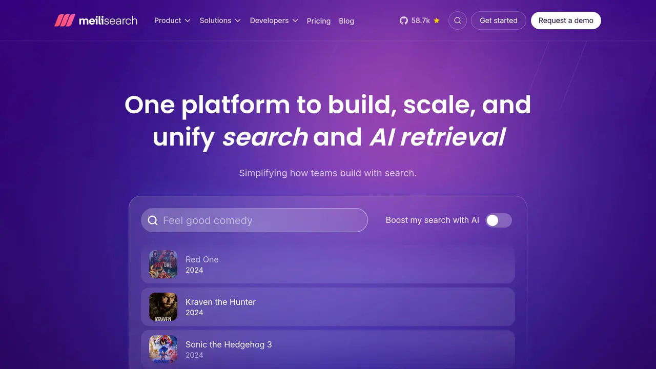Homepage preview of Meilisearch, captured Jul 24, 2026