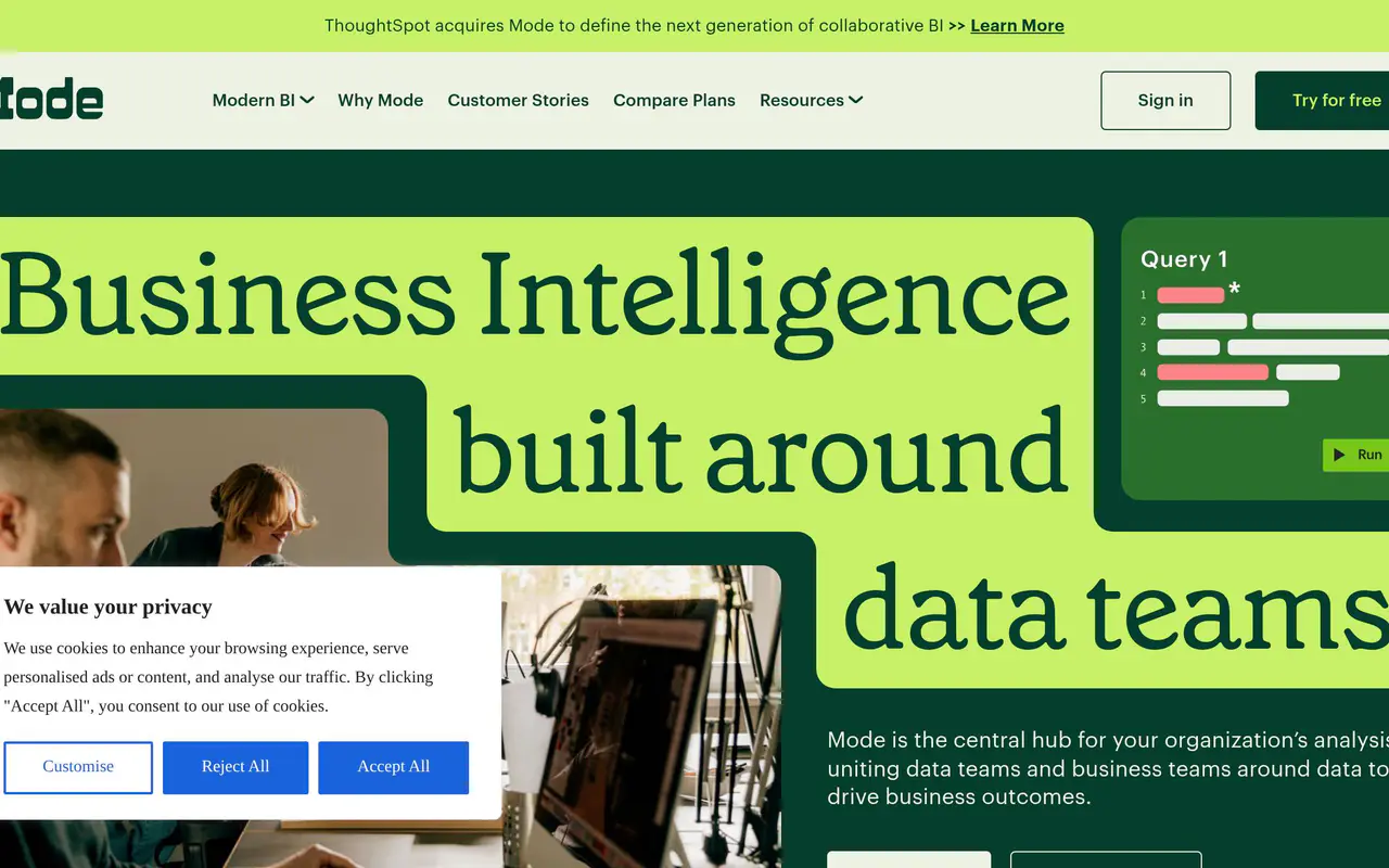 Homepage preview of Mode Analytics, captured Jul 22, 2026