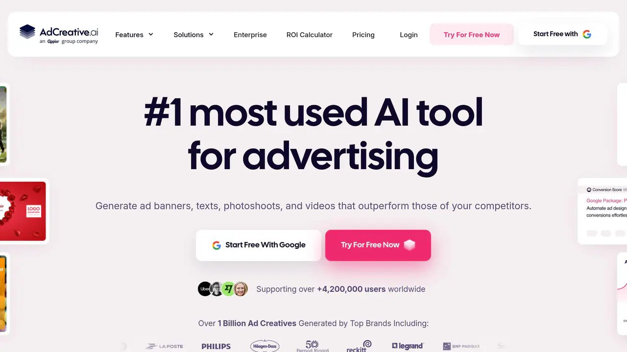 Homepage preview of AdCreative.ai, captured Aug 4, 2026