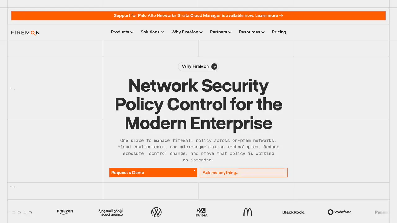 Homepage preview of FireMon, captured Aug 30, 2026
