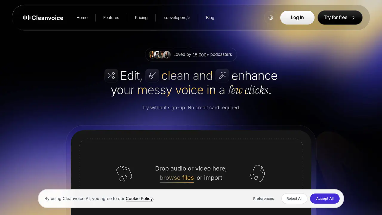 Homepage preview of Cleanvoice, captured Aug 28, 2026