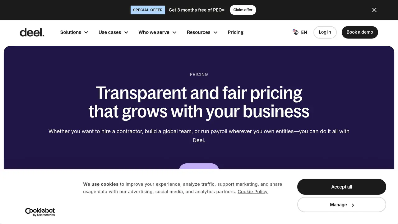 Pricing-page preview of Deel, captured Sep 15, 2026