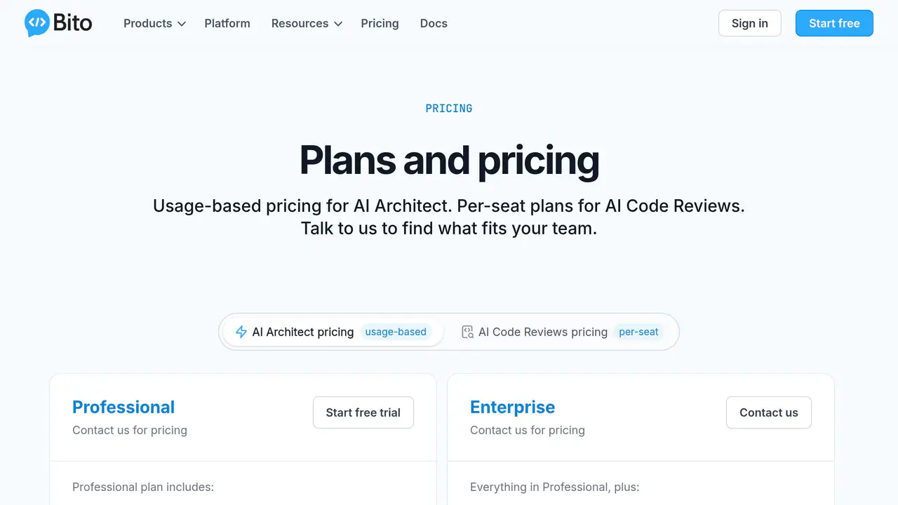 Pricing-page preview of Bito, captured Aug 17, 2026
