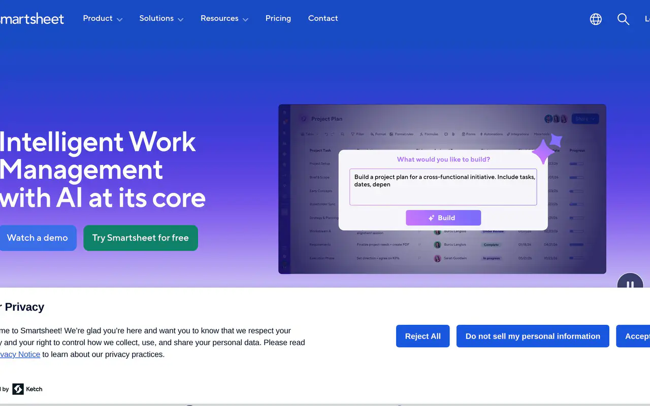 Homepage preview of Smartsheet AI, captured Jul 21, 2026