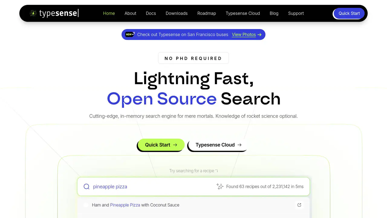 Homepage preview of Typesense, captured Jul 24, 2026