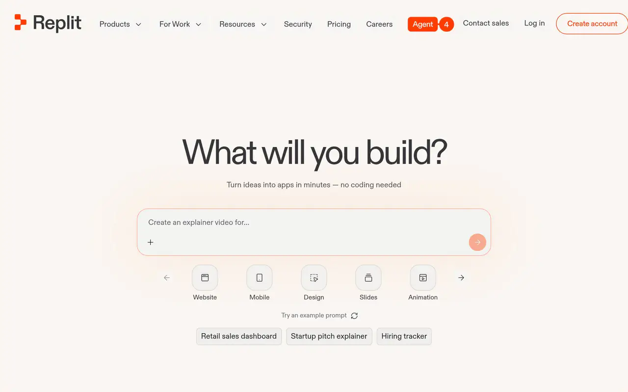 Homepage preview of Replit, captured Jul 21, 2026