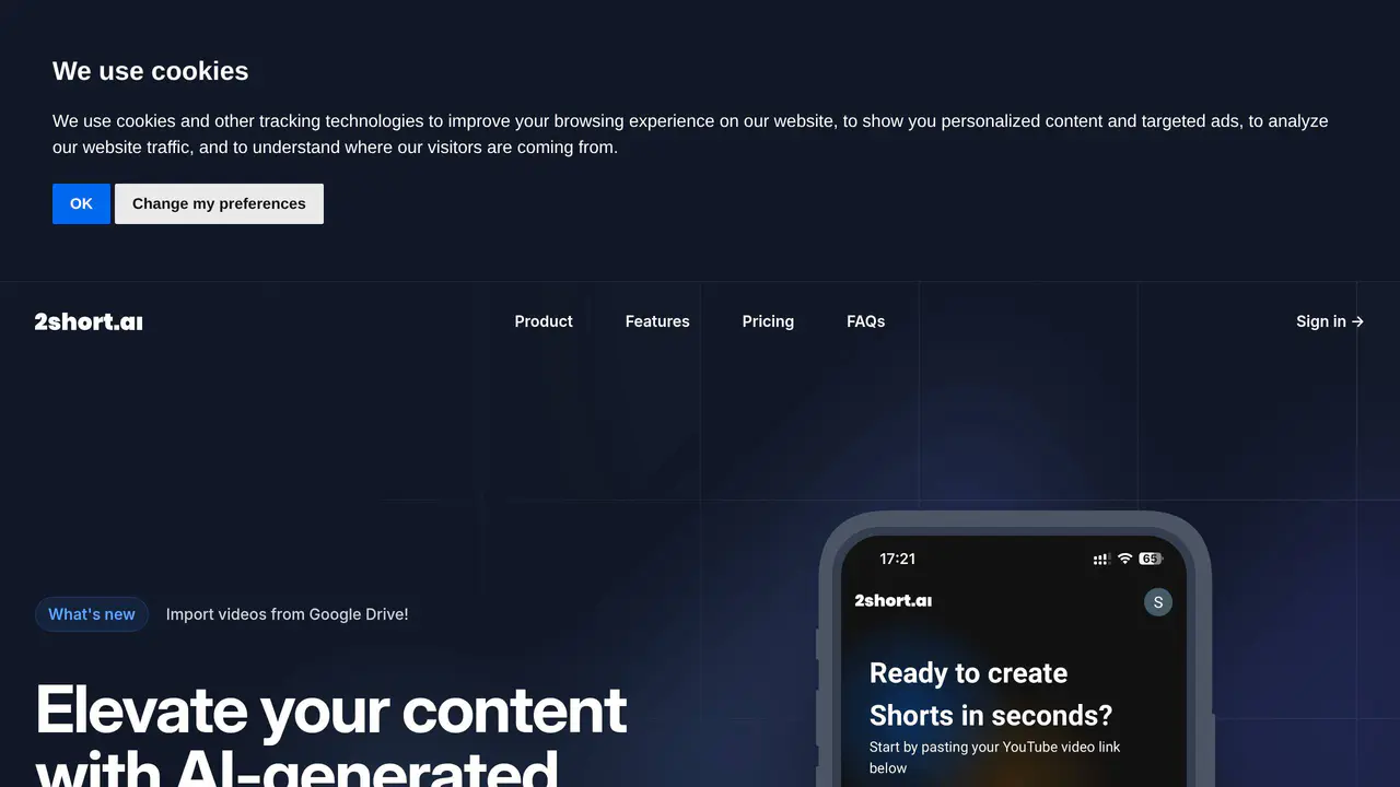 Homepage preview of 2short.ai, captured Jul 30, 2026