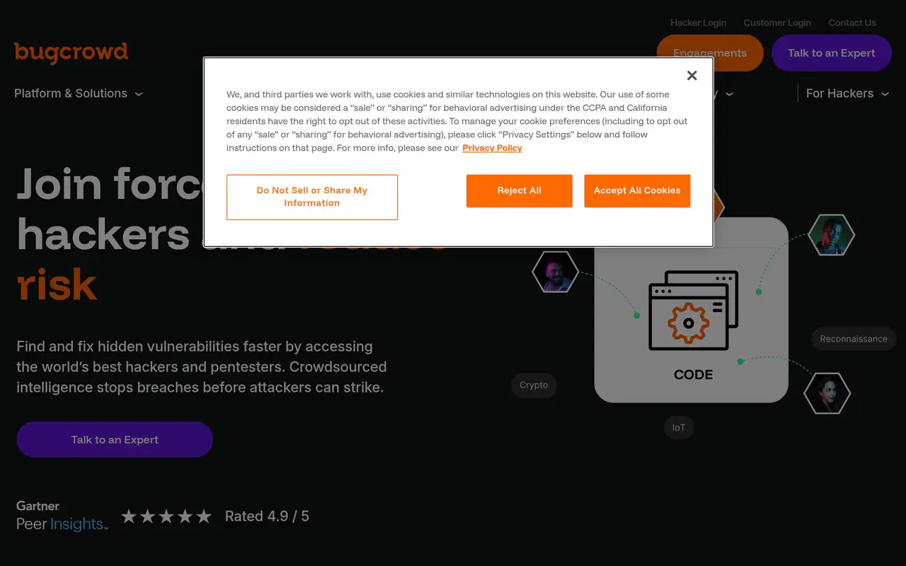 Homepage preview of Bugcrowd, captured Jul 22, 2026