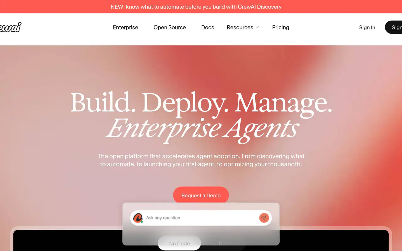 Homepage preview of CrewAI, captured Jul 21, 2026
