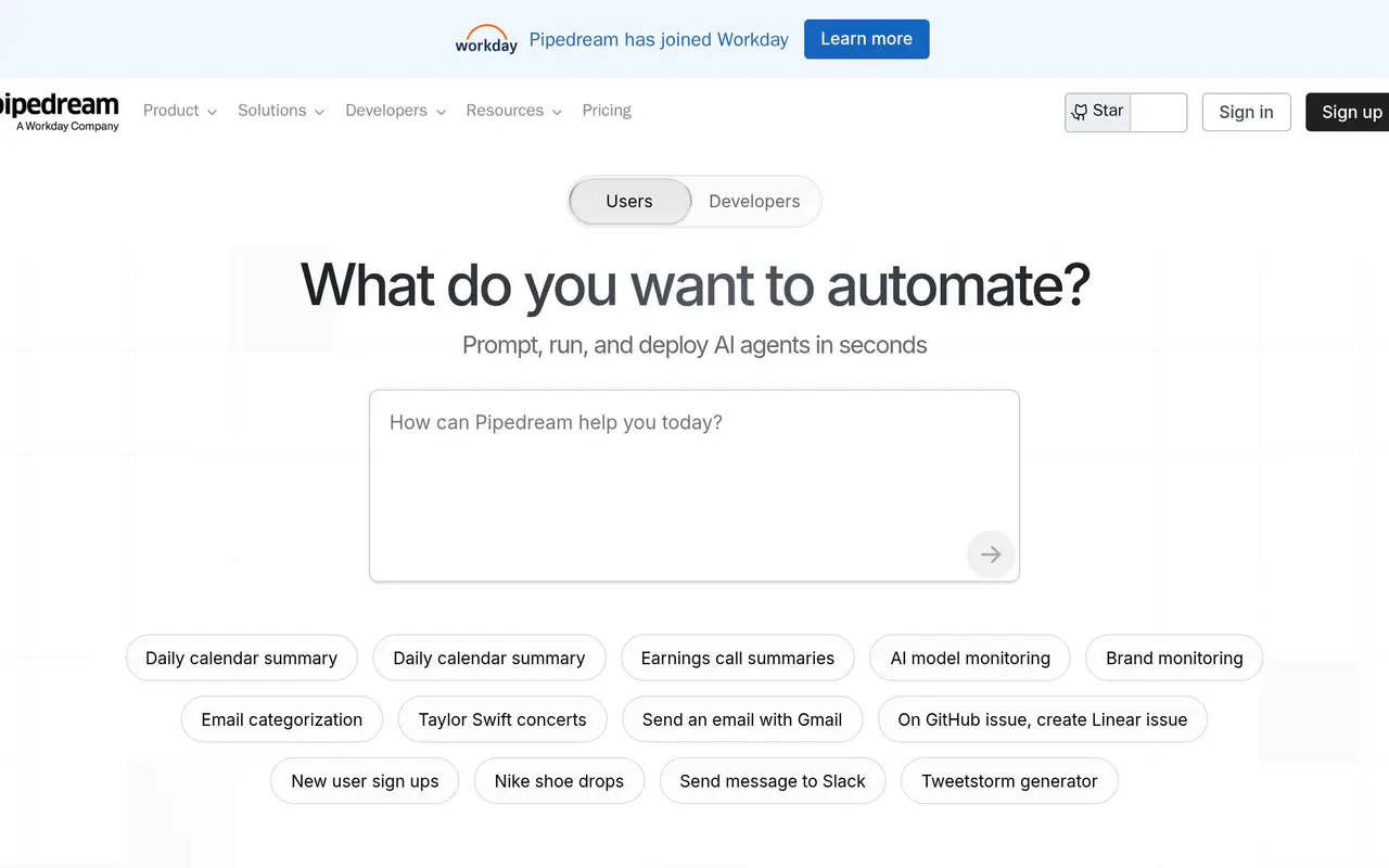 Homepage preview of Pipedream, captured Jul 22, 2026