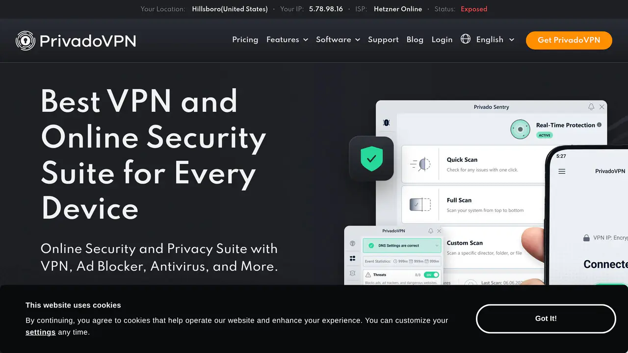 Homepage preview of PrivadoVPN, captured Jul 27, 2026