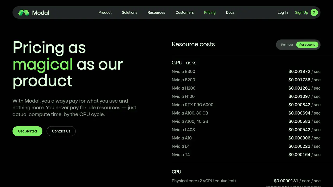 Pricing-page preview of Modal, captured Jul 24, 2026