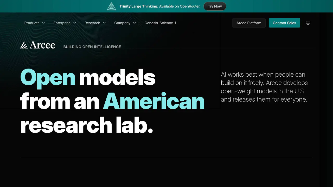 Homepage preview of Arcee AI, captured Jul 27, 2026