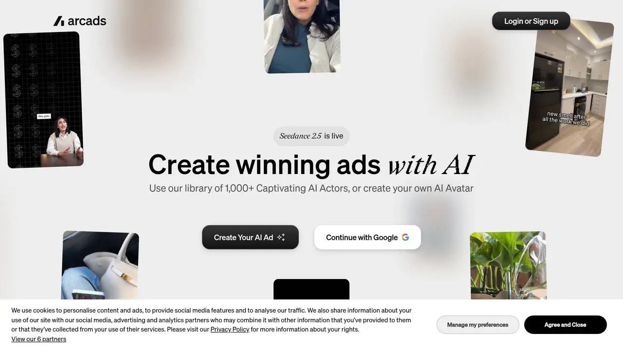 Homepage preview of Arcads, captured Sep 13, 2026