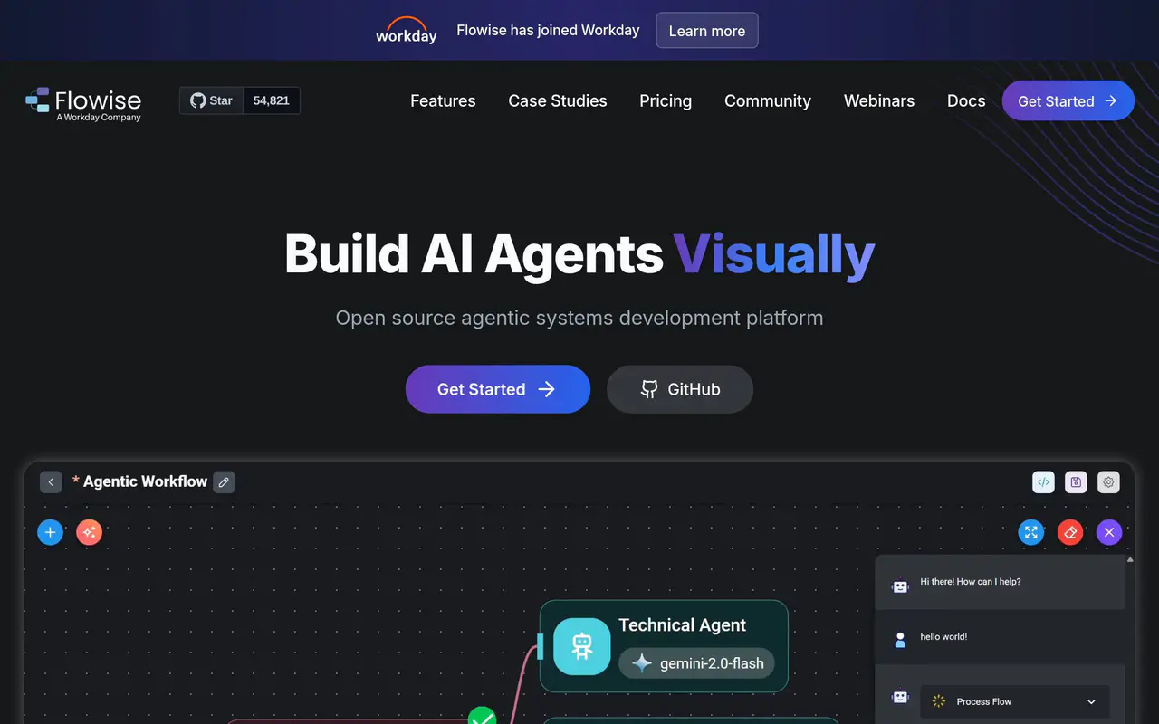 Homepage preview of Flowise, captured Jul 22, 2026