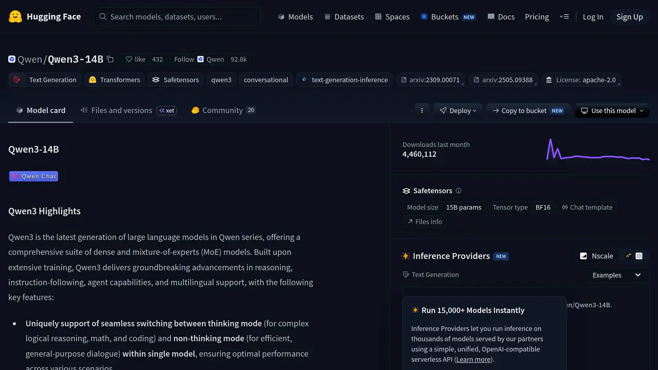 Homepage preview of Qwen3 14B, captured Jul 23, 2026