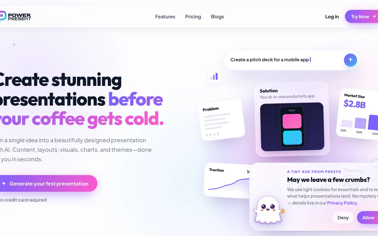 Homepage preview of Powerpresent AI, captured Jul 22, 2026