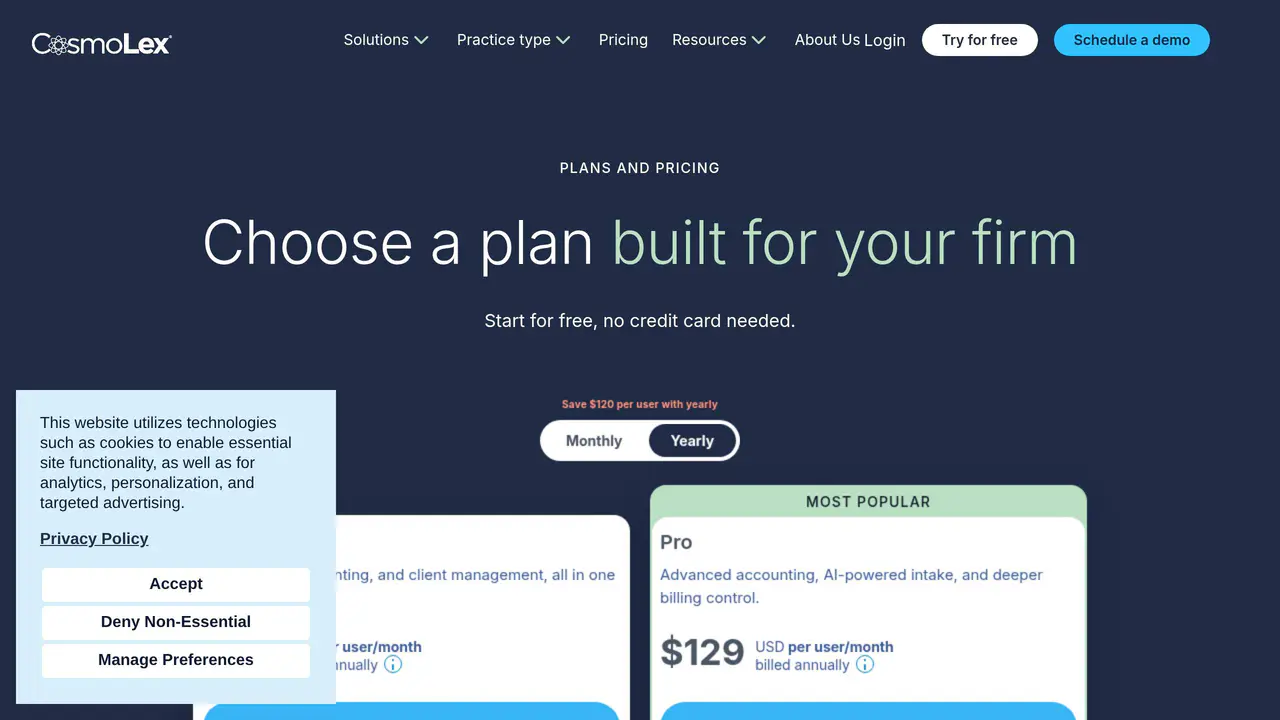 Pricing-page preview of CosmoLex, captured Aug 23, 2026