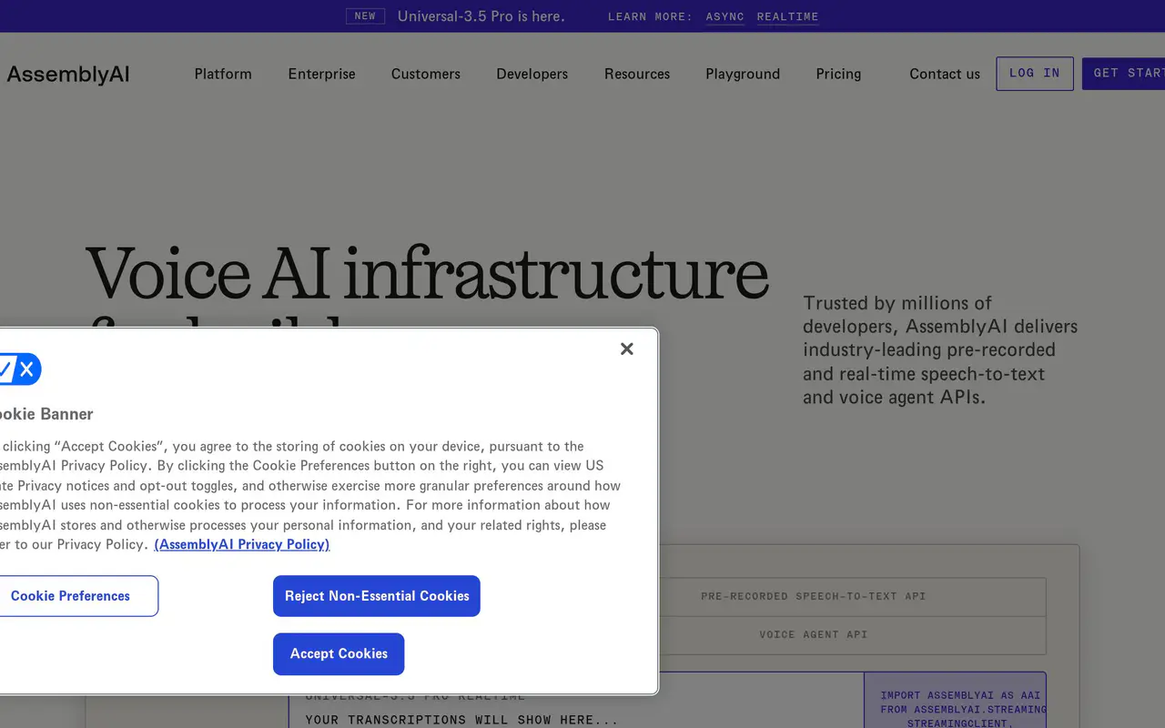 Homepage preview of AssemblyAI, captured Jul 22, 2026