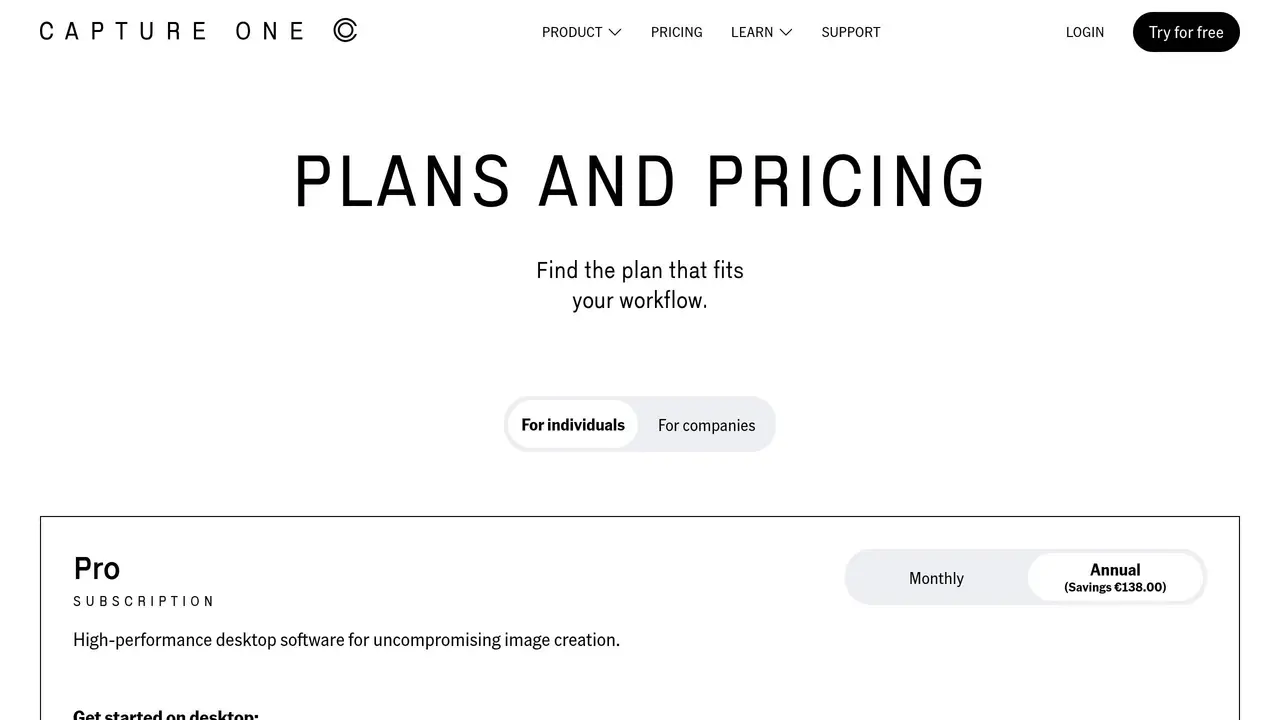 Pricing-page preview of Capture One, captured Aug 23, 2026