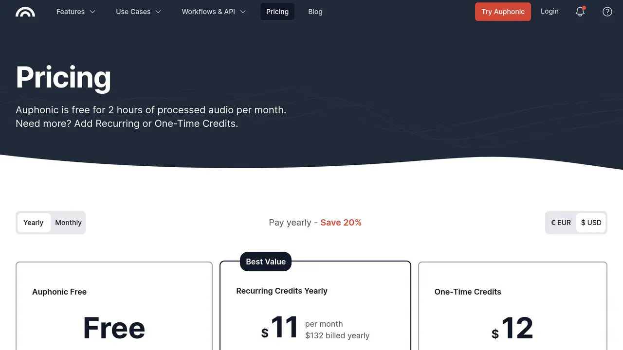 Pricing-page preview of Auphonic, captured Aug 16, 2026