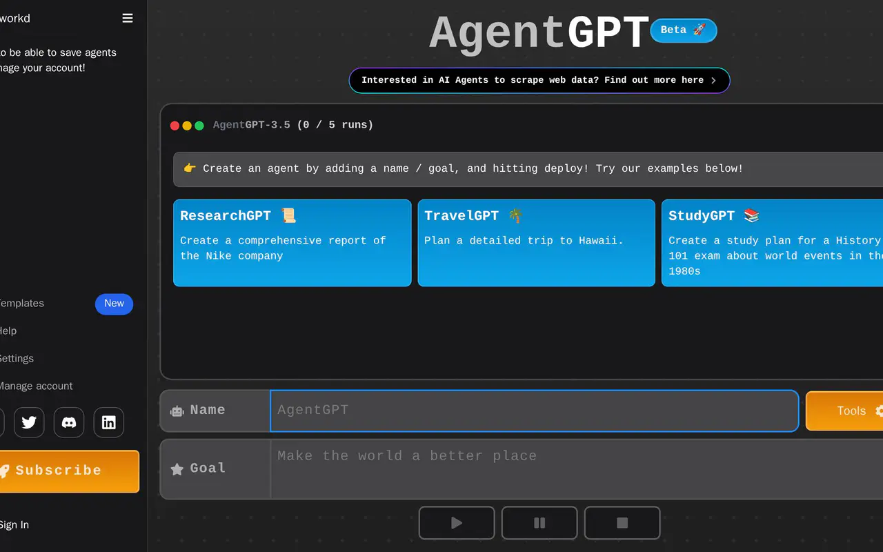 Homepage preview of AgentGPT, captured Jul 22, 2026