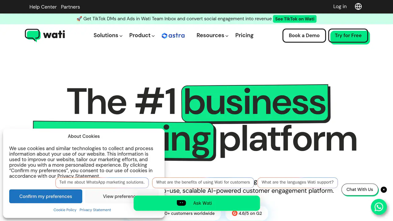 Homepage preview of WATI, captured Jul 23, 2026