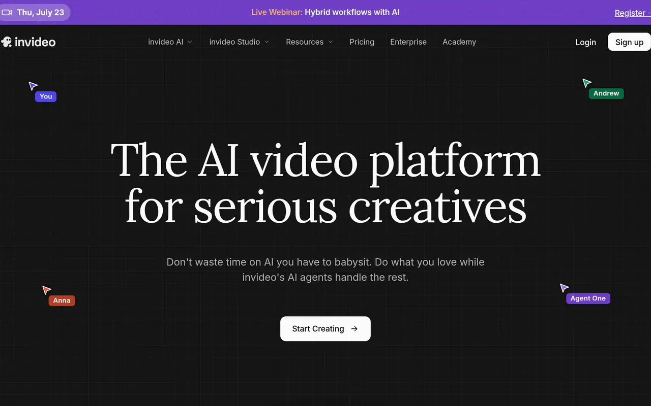 Homepage preview of InVideo AI, captured Jul 22, 2026