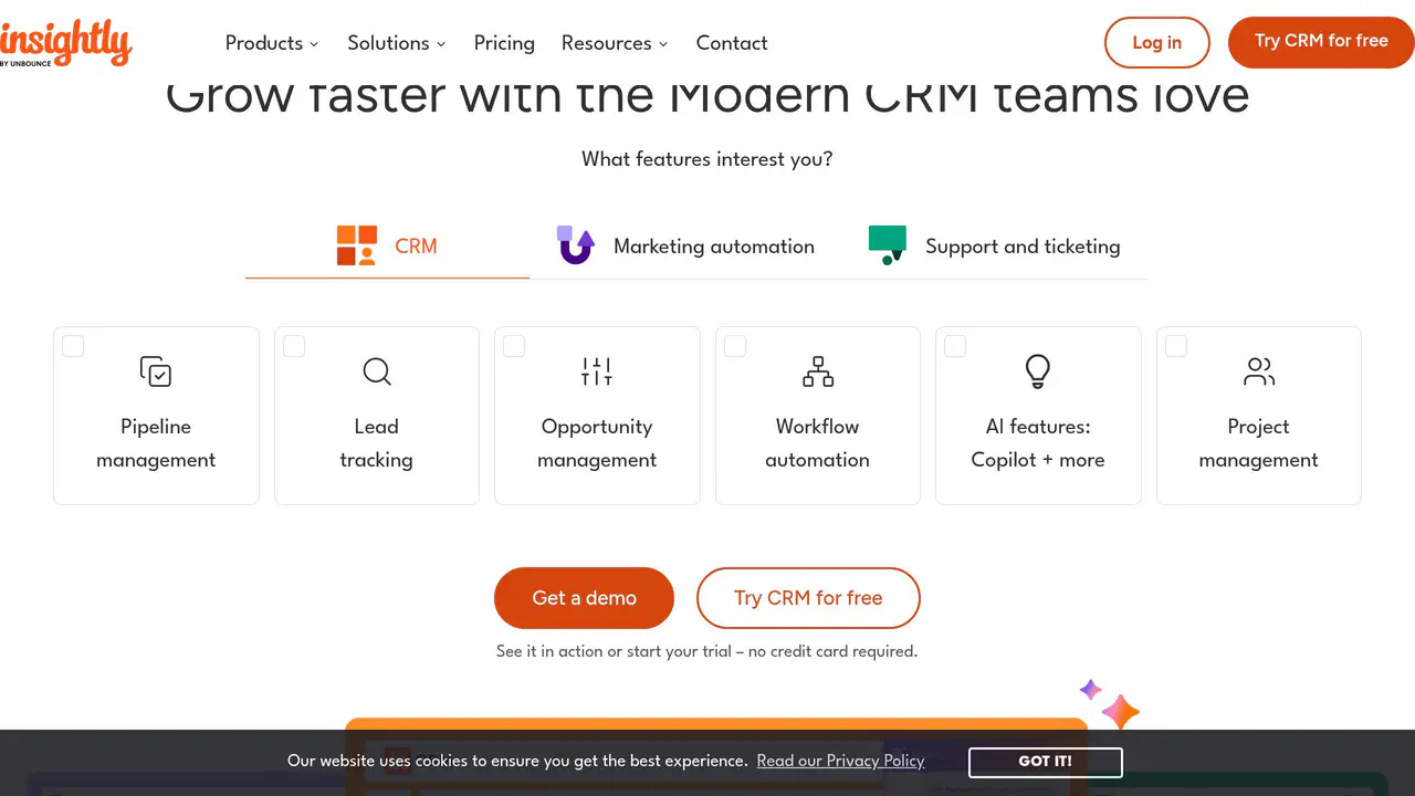 Homepage preview of Insightly, captured Jul 23, 2026